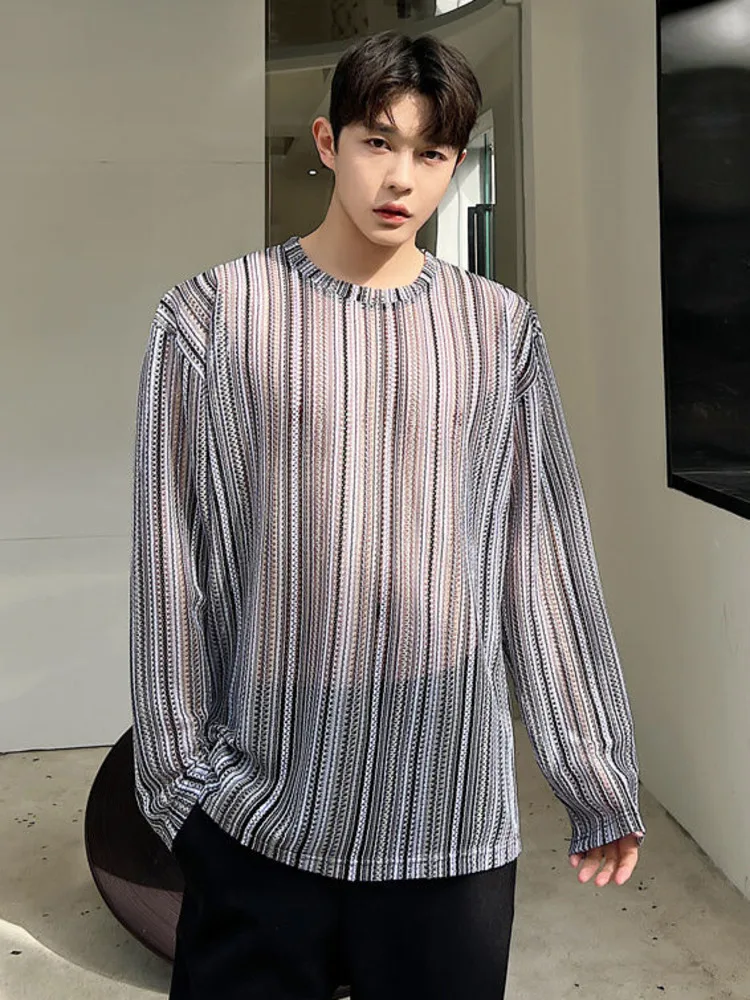 

SYUHGFA Men Clothing Long Sleeve T-shirt 2022 Spring Summer Round Collar Hollow Out Sun Protection T-shirt Tee Tops For Male