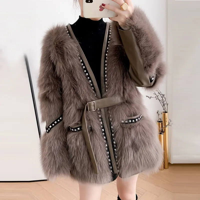 Winter Women's Faux Fur Print Rabbit Warm Thick Coats Female Long Sleeve V-neck Jacket Feminino Ladies Liner Warm Coats G102