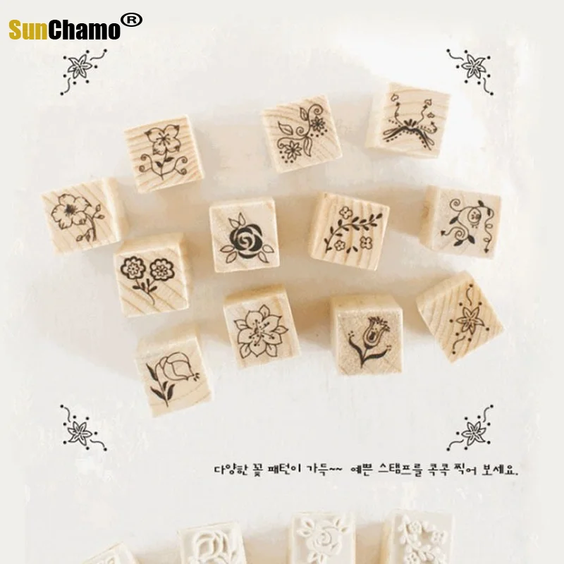 

12pc/Box Mini Wooden Rubber Stamps South Korea DIY Seal Matchbox Girl Flower Stamps for Scrapbooking Craft Supplies Background