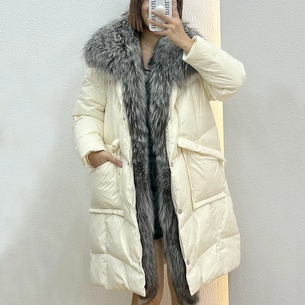 Winter Coat Women Jacket Long Thick Warm Real Fox Fur Parka White Duck Down Jacket Large Silver Fox Fur Collar Outerwear
