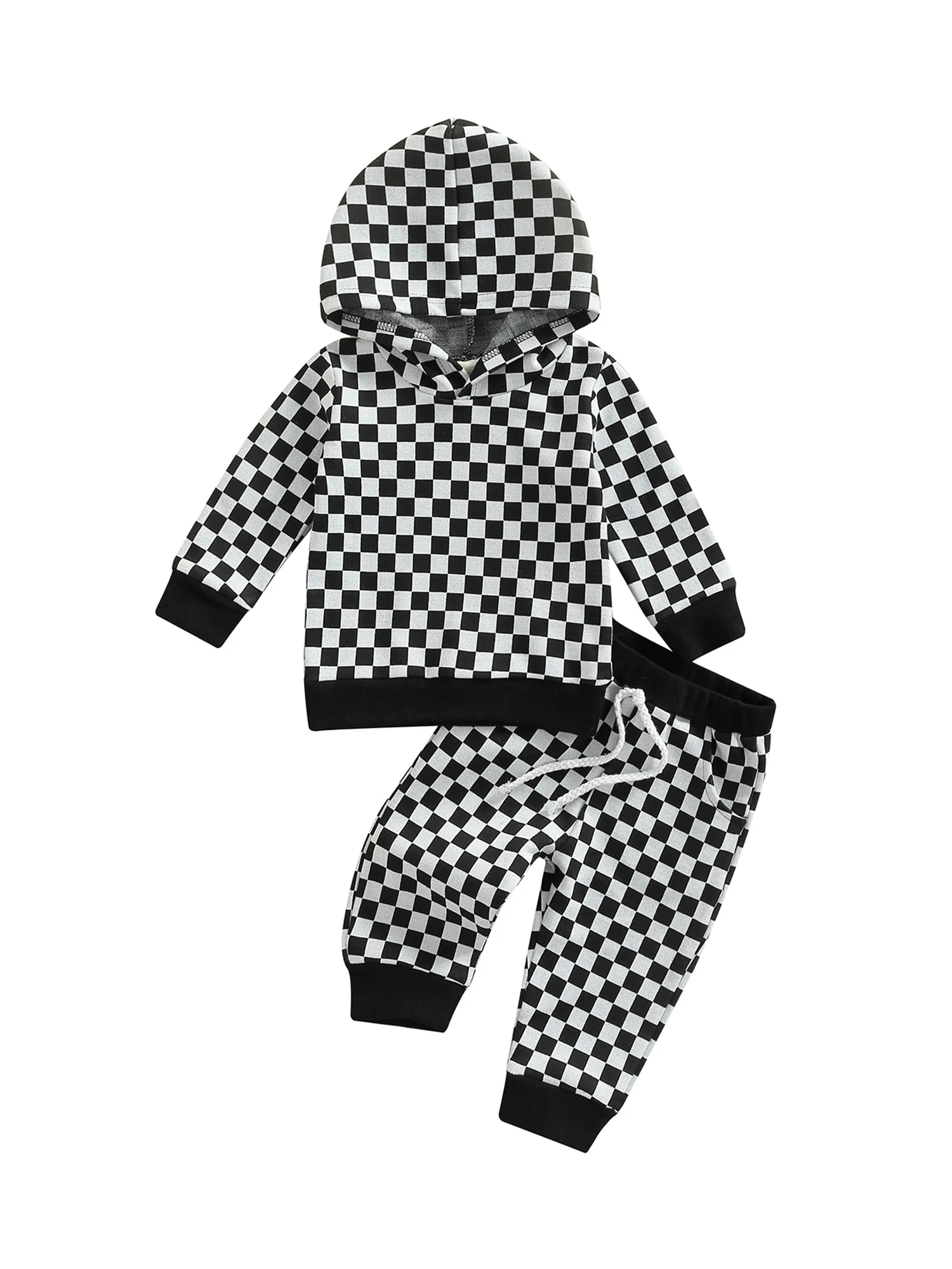 

Костюм унисекс с шахматным принтом для маленьких мальчиков и девочек, свитшот с длинным рукавом и капюшоном, клетчатые брюки, осенне-зимняя ...