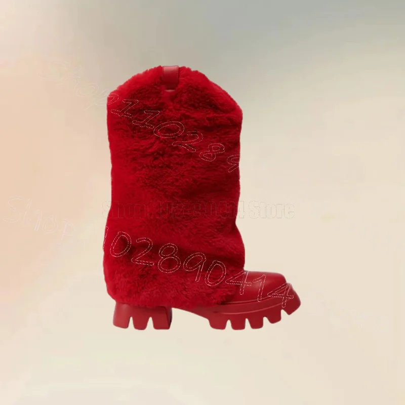Красные ботинки из овечьей шерсти с волнистым узором на подошве круглым носком