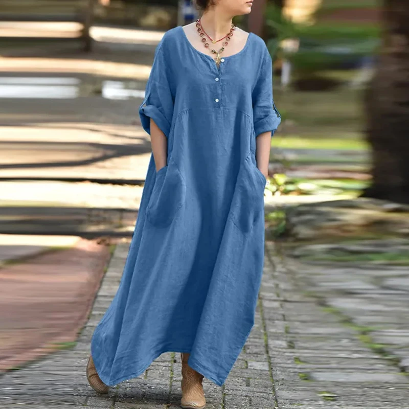 

Платье женское длинное в стиле бохо, однотонное хлопково-льняное винтажное платье макси на пуговицах, с круглым вырезом и длинным рукавом, с...