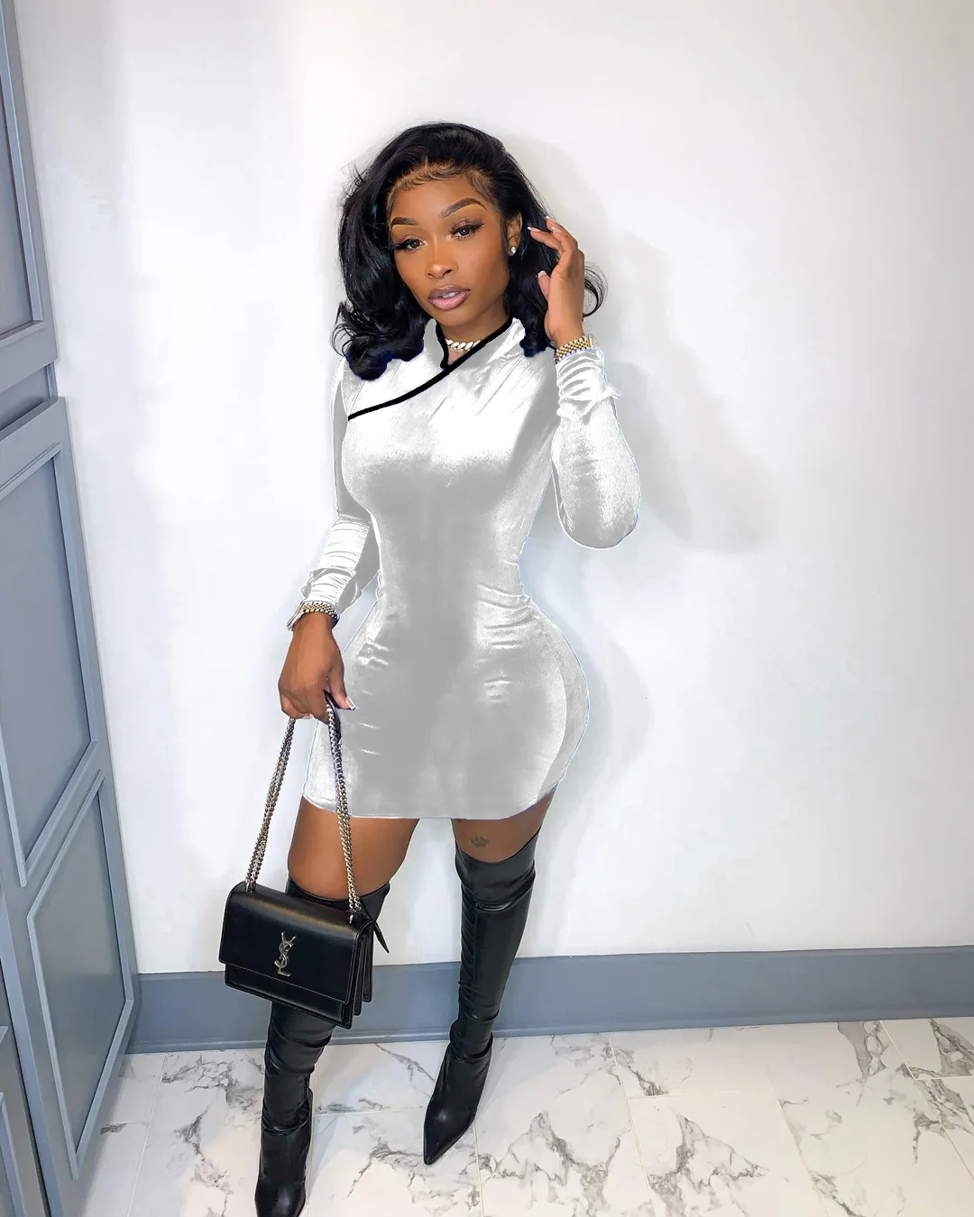 

European and American women's sexy fashion Qipao style zipper Korean velvet solid color dress