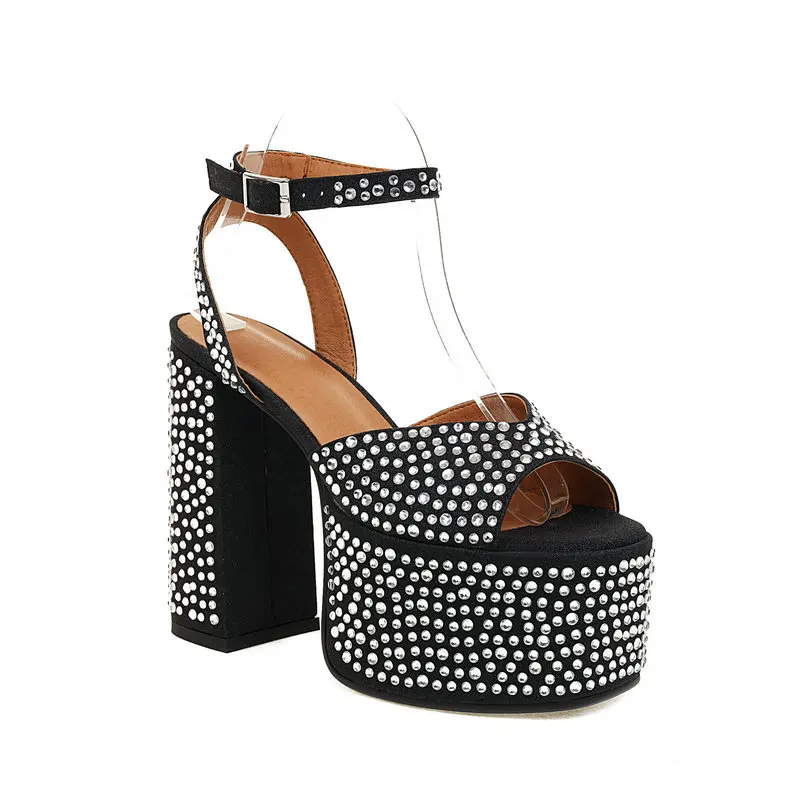 

2022 New Women's Sandals Summer Platform Bridals Wedding Party Thick High Heel Sexy Ankle Strap Rivet Peep Toe Shoes 10-CHC-25