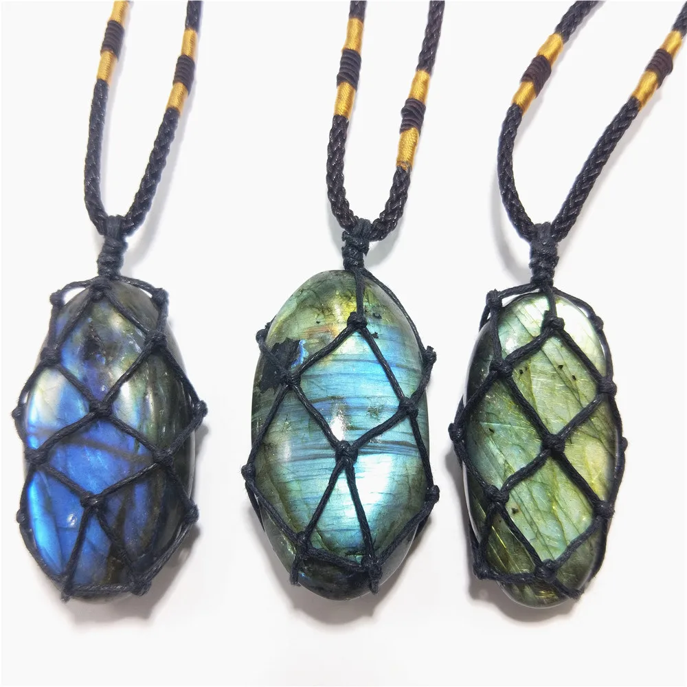 

Reiki Labradorite Necklace Natural Irregular Stone Pendant Wrap Braid Necklace Energy Necklace Jewelry Gift For Men Women