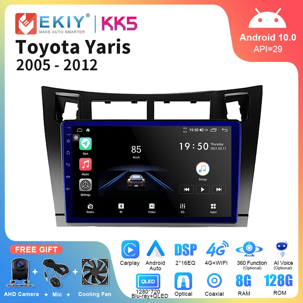 EKIY KK5 8G+128G Car Multimedia Player For Toyota Yaris 2007 Radio Fascia Car Radio 2005 - 2012 Android GPS Navigator 2 Din DVD