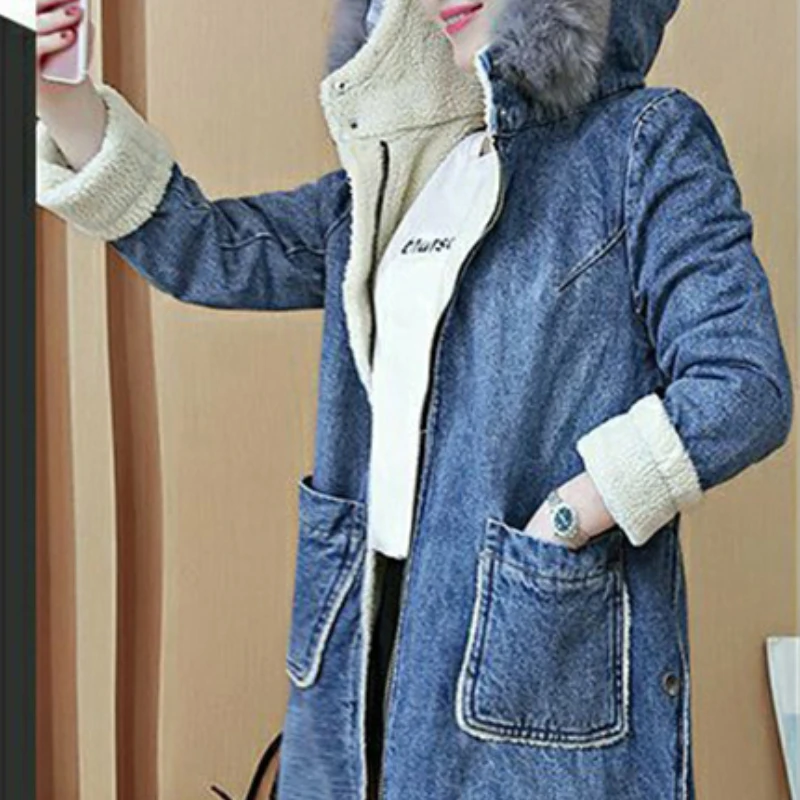 Winter New Korean Style Plus Cashmere Lamb Velvet Windbreaker Women Mid-length Coats Big Fur Collar Denim Cotton-padded Jackets