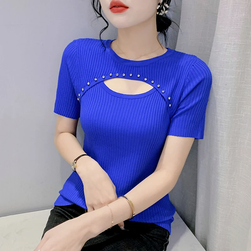 

Женская трикотажная футболка с коротким рукавом, Повседневная однотонная эластичная футболка с круглым вырезом и вырезами, с бриллиантами,...