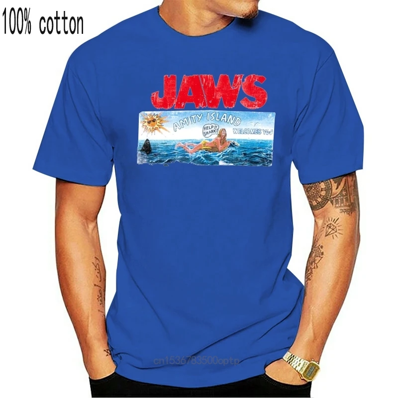 

Мужская одежда Jaws Amity Island, винтажная открытка, Мужская футболка, помогает акулам плаванцам, океан Merch