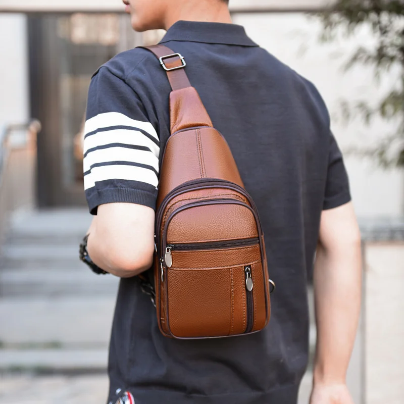 New Genuine Leather Chest Bag Men's Casual Korean Version Men's One Shoulder Backpack Crossbody Bag Top Layer Cowhide Large