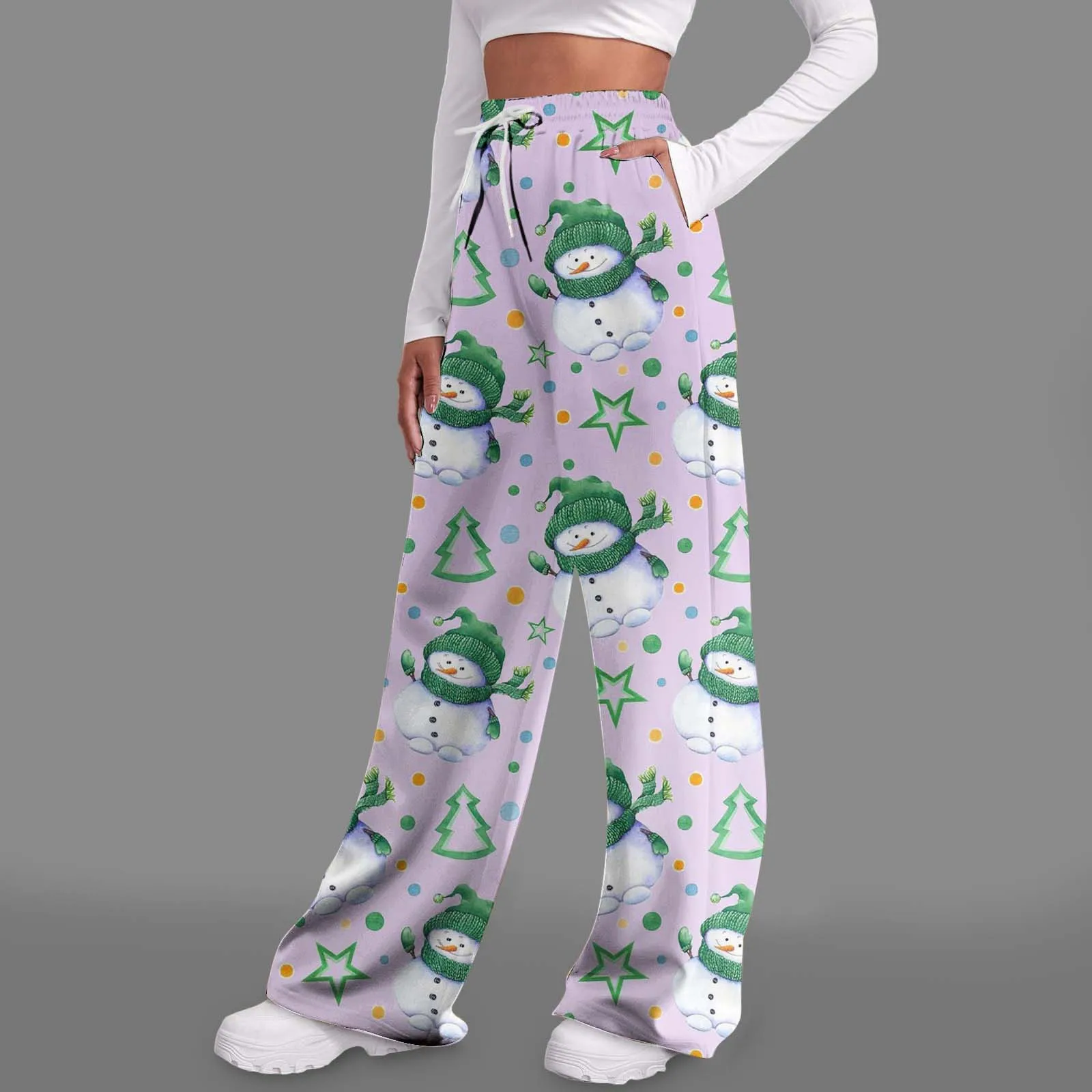 Женские рождественские штаны с принтом талии высокой талией повседневные