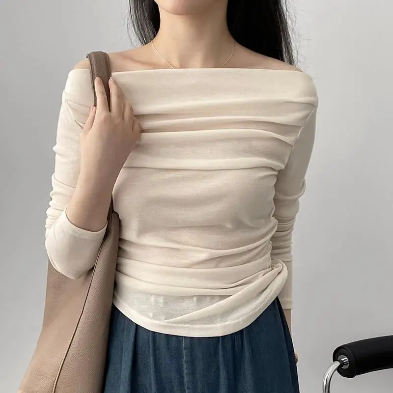 

Korean Fashion T-Shirt Women's Autumn Slash Neck Off Shoulder Pleated Slim Long Sleeve T-Shirts Female Sexy Tops