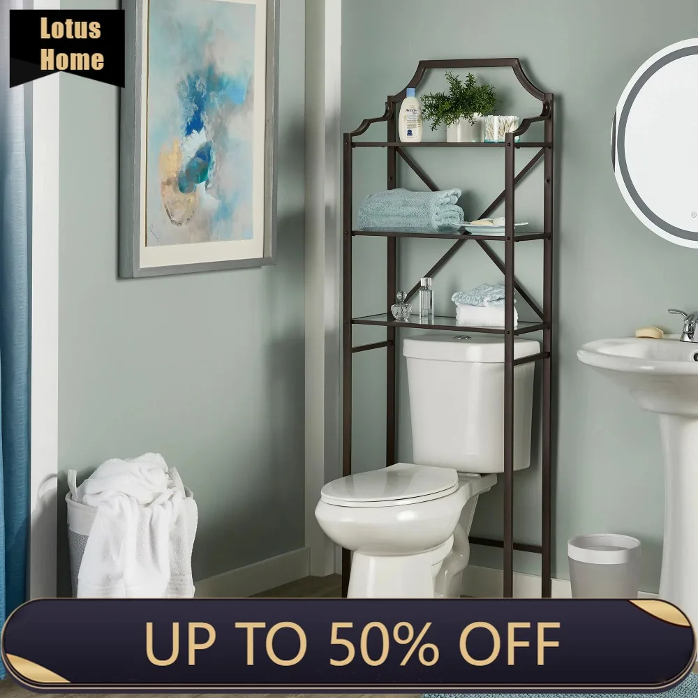 

Bathroom Organizer and Storage Bronze Finish Glass and Metal Over the Toilet Bathroom 3 Shelves Accessories Shelf Organization