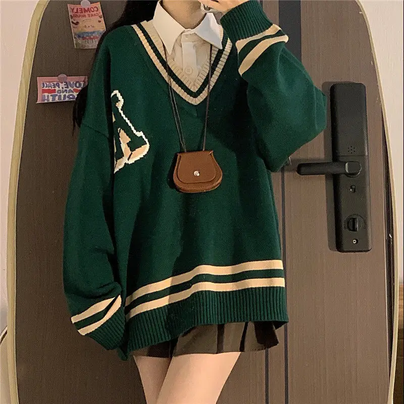 

Harajuku Sweater Women Y2k Preppy Style Vintage Jumpers Ladies V-neck Oversized Streetwear Chic Pullover Casual Korean