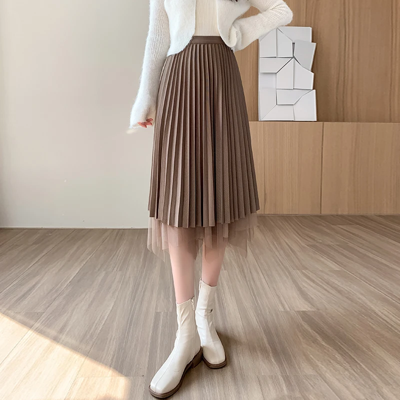 

Spring 2023 New Style Gauze Skirt With Half Skirt On Both Sides Women's Korean Version Loose Irregular Lady Pleated Long Skirt