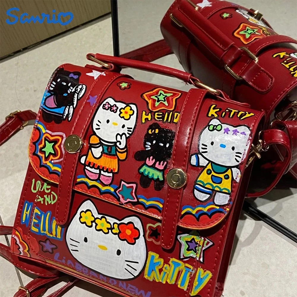 

Hello Kitty Graffiti Backpack Schoolbag Kawaii Sweet Girl Handbag Book Earphone Lipstick Storage Bag High School Students Gifts