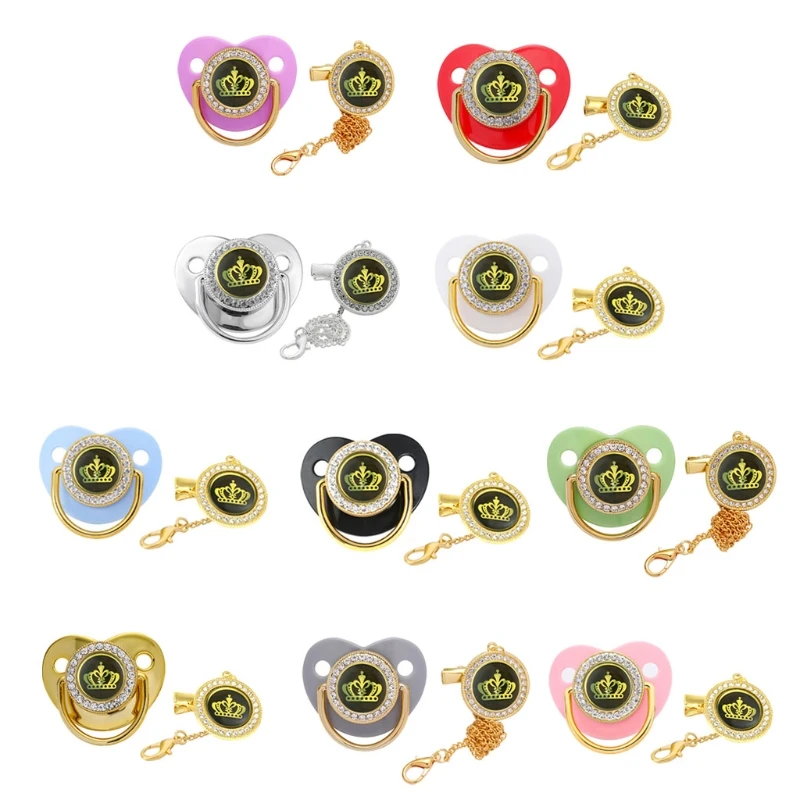 

10 Colors Golden Bling Baby Pacifier And Clip Chain BPA Free Silicone Infant Rhinestone Nipple Soother 0-18 Months Shower Gift