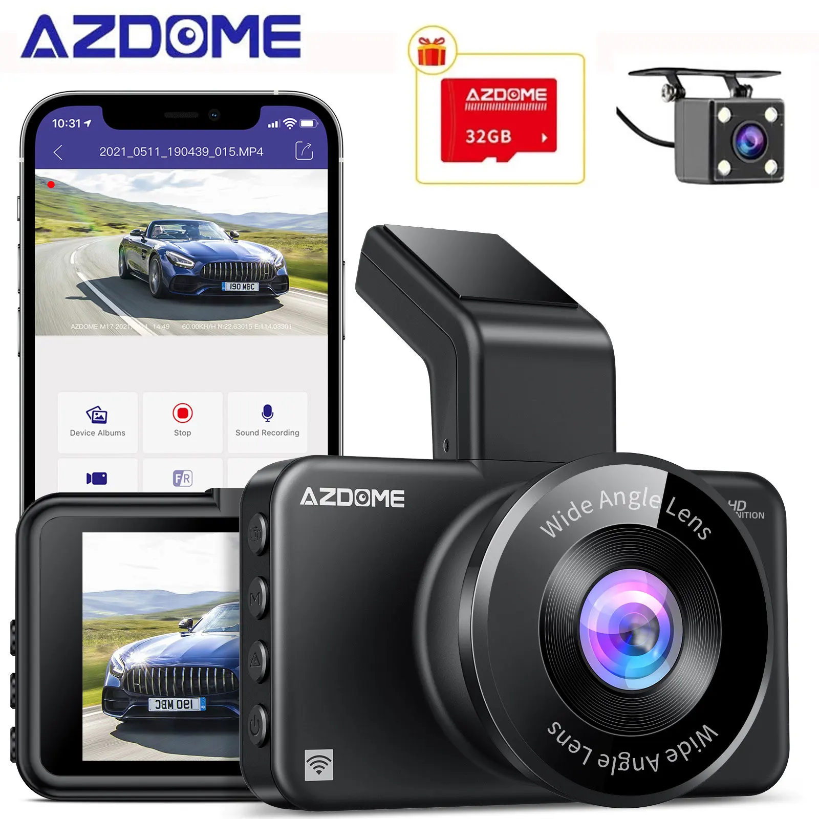 Мини-видеорегистратор azfreedom, 1296P HD, с функцией ночного видения, автомобильный, WiFi, с двумя камерами