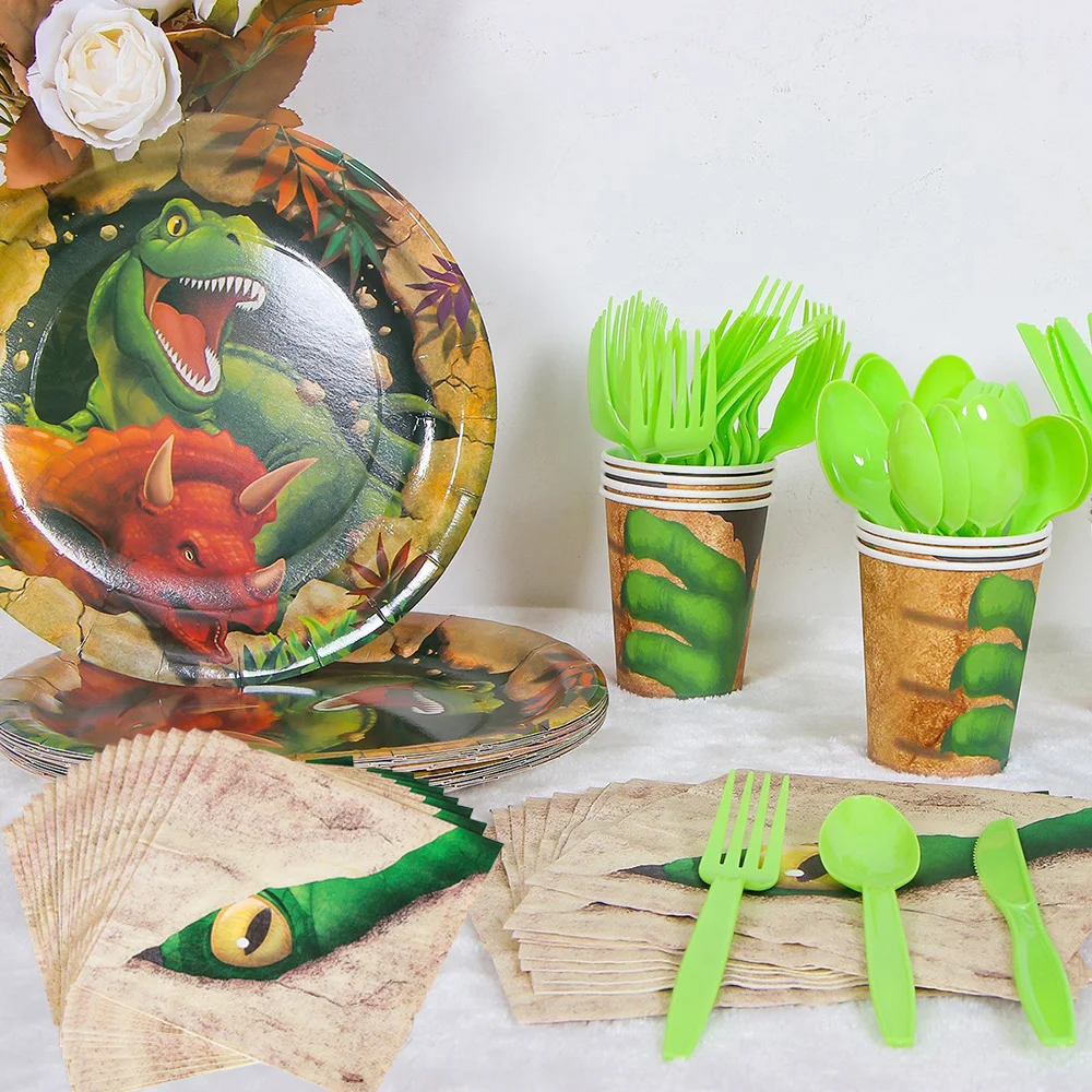 

Dinosaur Themed Birthday Supplies Trex Dinosaur Party Favors Disposable Tableware Kids Boy Plates Napkins Cups Forks Knife Spoon