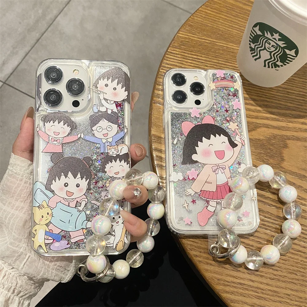 Luxury Star Quicksand Anime Chibi Marukos with Lanyard Phone Case for IPhone 16 15 14 13 12 11 Pro Max Transparent Back Cover