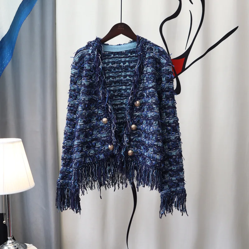 

Blue Striped Double Buttons Women Cardigan Coat Full Sleeves V-Neck Elegant Loose Casual Winter Jackets Jumpers Clothes