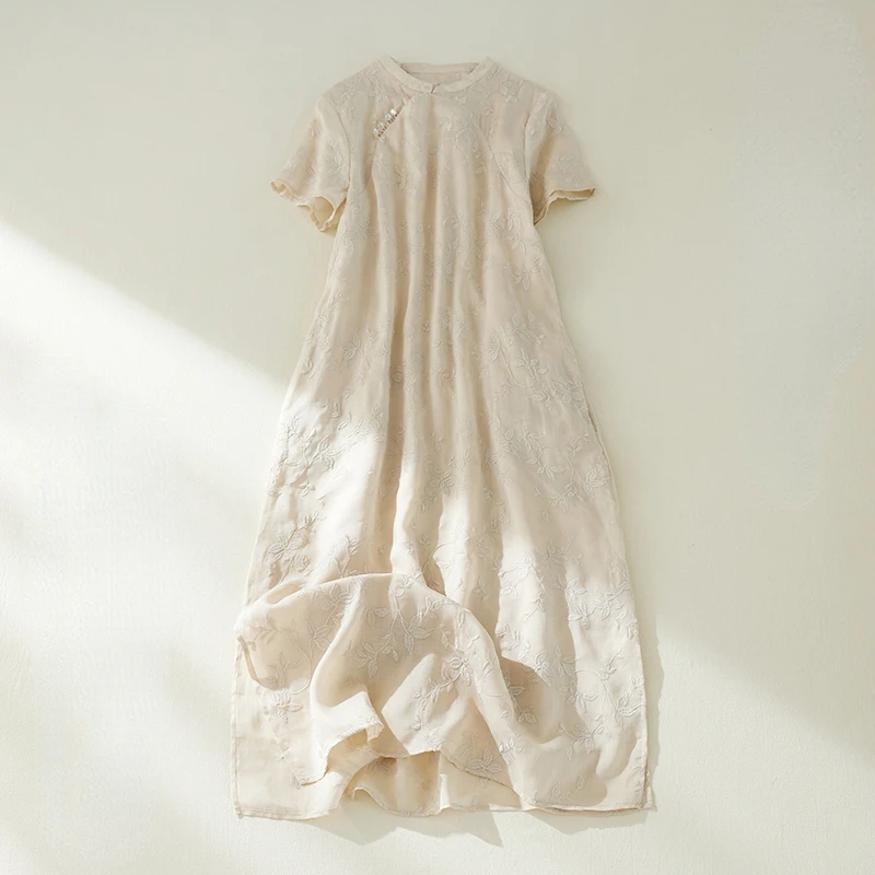 Cotton Linen Embroidery Women Dress Summer Vintage Beaded Short-Sleeved Knee-Length Elegant Female Clothing Top Quality