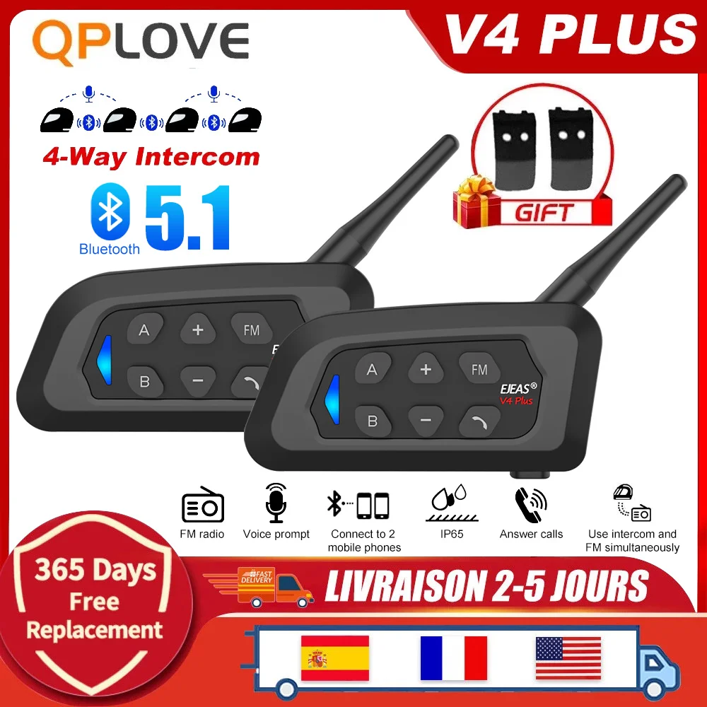 EJEAS V4 Plus Bluetooth Motorcycle Helmet Intercom Headset with 1500M BT Interphone Communicator for 4 Riders Waterproof - купить по