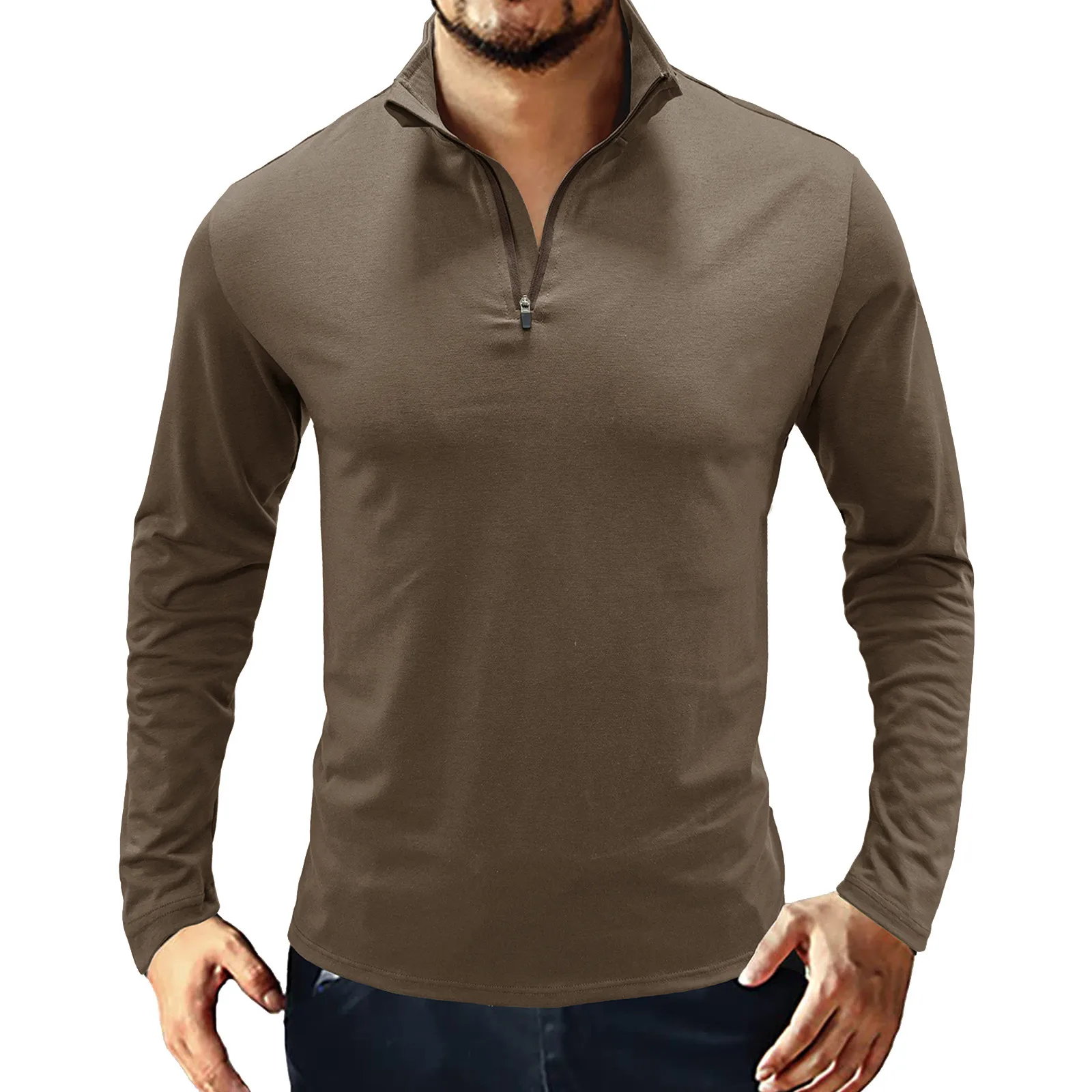 

Male Summer Casual Solid Zipper Collar T Shirt Blouse Long Sleeve Stand Collar Tops T Shirt Men's Shirt