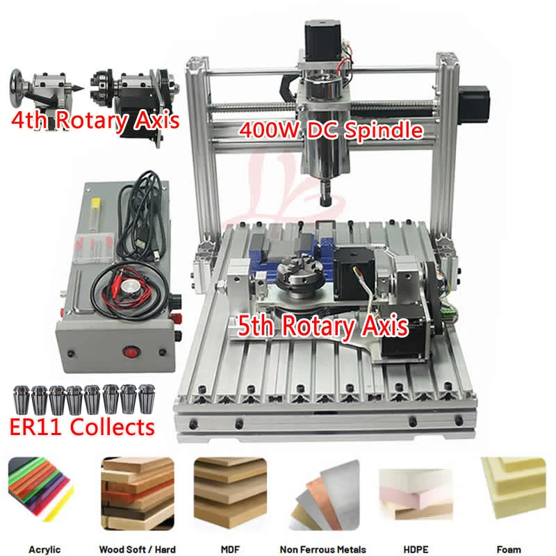 

LY Diy Mini 5 Axis Cnc 3020 Wood Engraver Metal Cutter 4 Axis Engraving Milling Carving Machine Ball Screw 2030 Tool Kit 400W