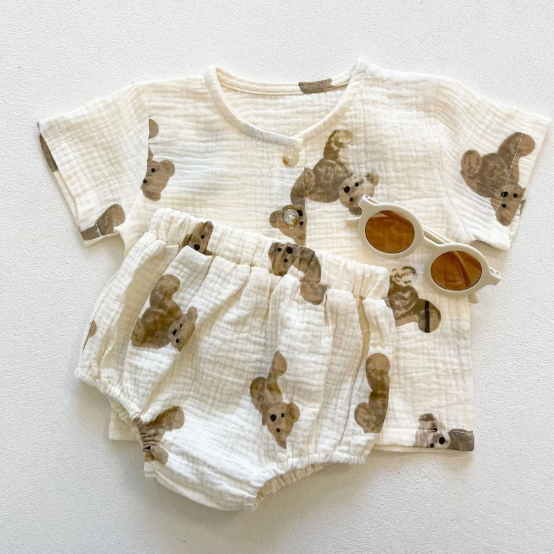 

Summer Clothes Suit Set Short Sleeve Blouse Shorts for Baby Girls 2-in-1 Clothing Set Soft Bear Print Costume Boys Coat QX2D