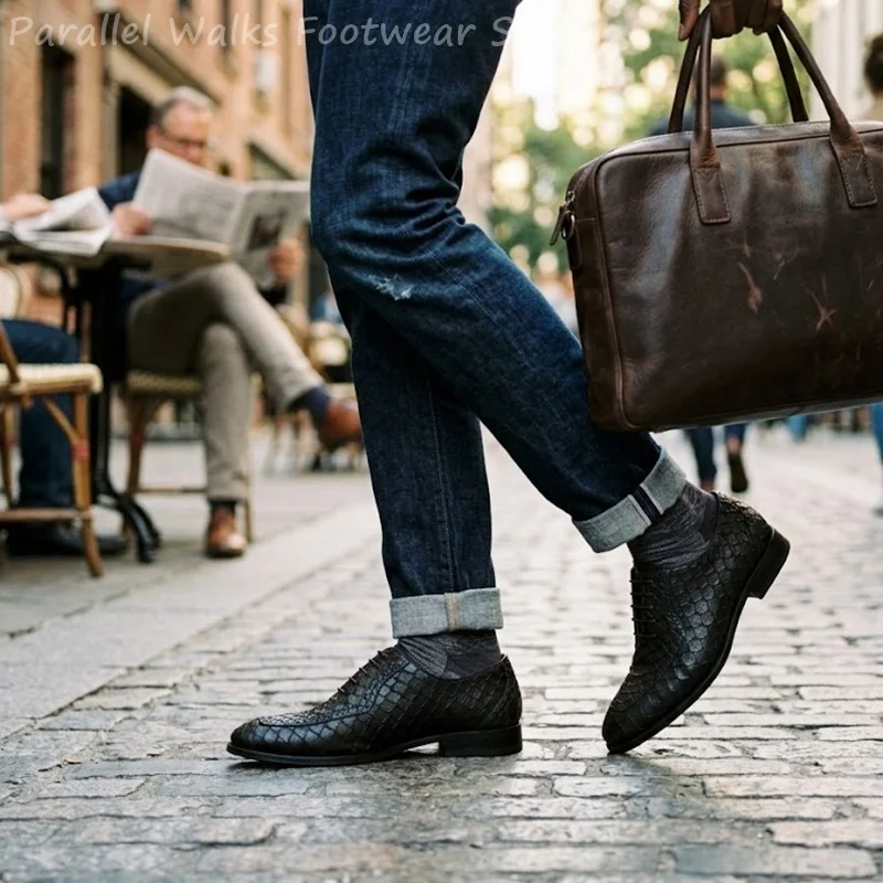 Фото Мужские оксфорды Sartorial из кожи с тиснением под рыбью чешую, броги с острым носком, на шнуровке, для делового стиля, свадебные туфли, оксфорды №2
