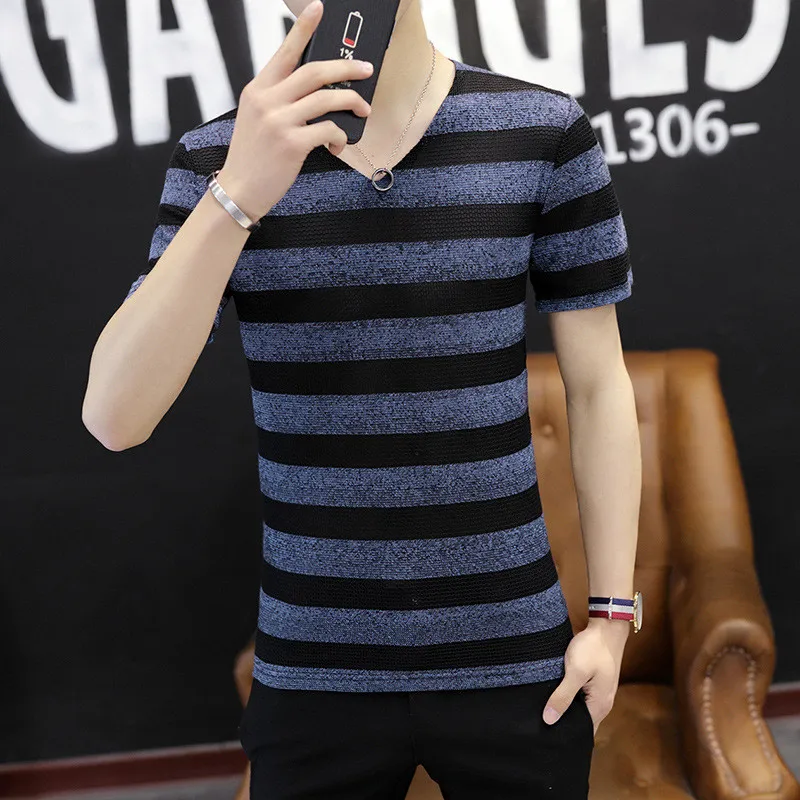 

9122-T -Short-sleeved men's t-shirt solid color round neck dress trend half-sleeved tight-fitting bottoming shirt