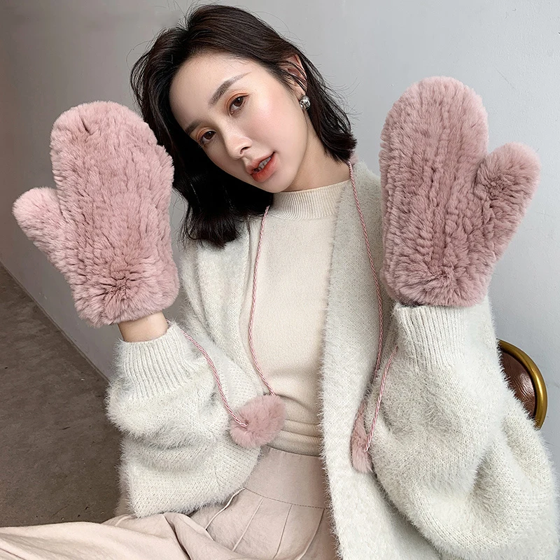 

New fashion girls winter warm rex rabbit fur gloves real hair cute ligeture rope hanging neck rabbit fur gloves cold and warm