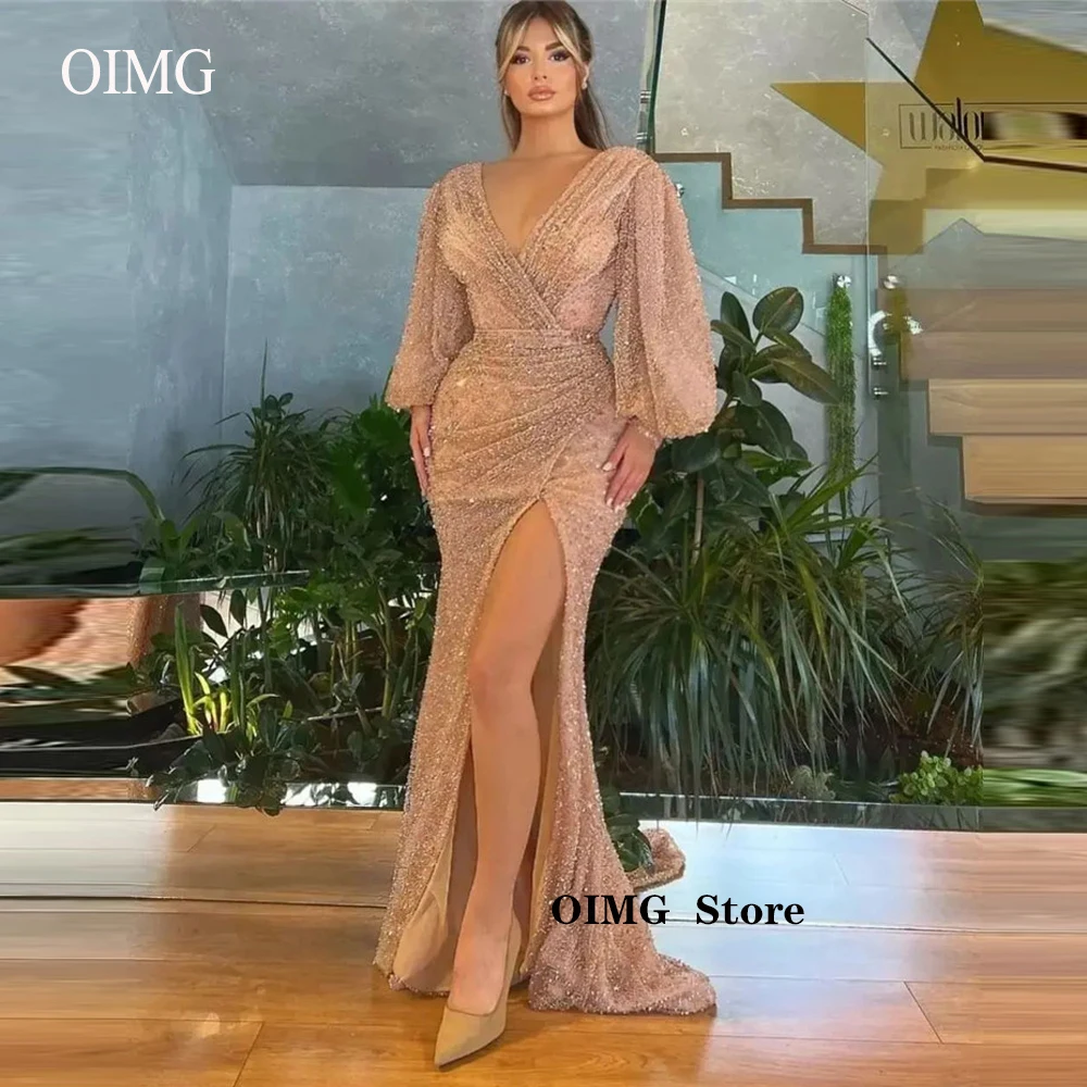 

OIMG Glitter Champagne Puff Long Sleeves Mermaid Evening Dresses V Neck Pleats Side Split Dubai Arabic Women Formal Prom Gowns