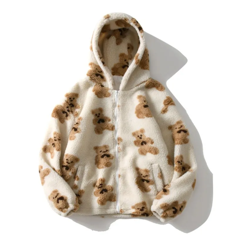 2022 Autumn and Winter Women's Hooded Thickened Casual Sweater Cartoon Pattern Bear Zipper Pocket Plush Sweater Women's Spot