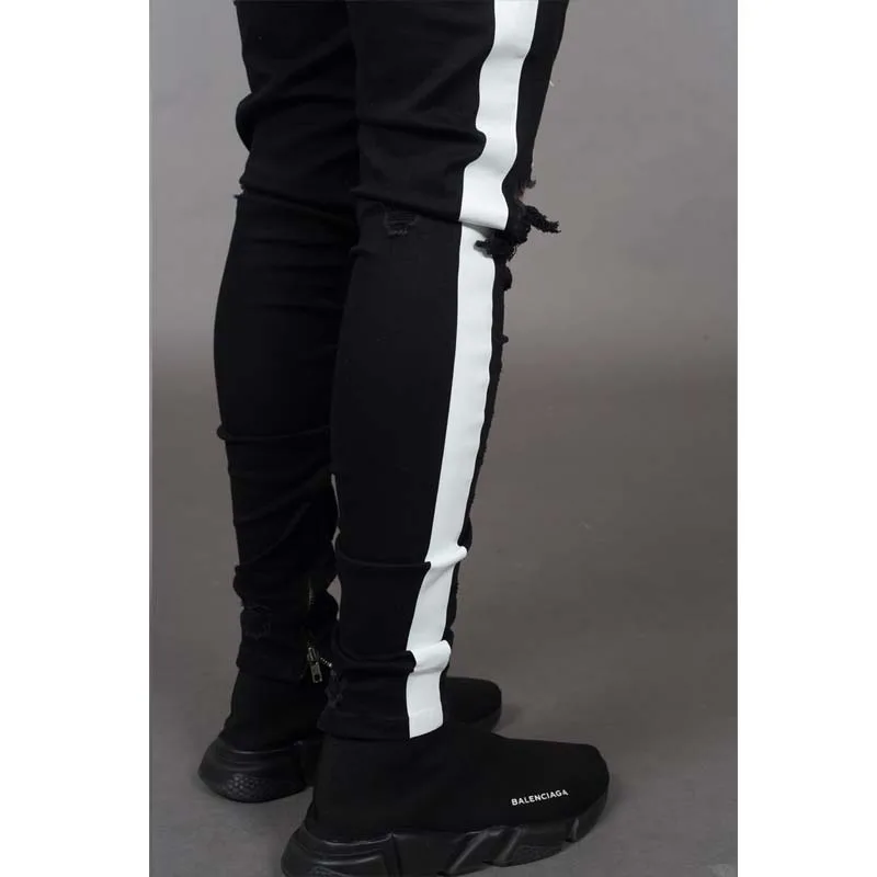 ZOOY Black Ripped Men Jeans Streetwear Stripe High Waist Zipper Fly Denim Pants Casual Hip Hop Clothes Men Full Length Trousers