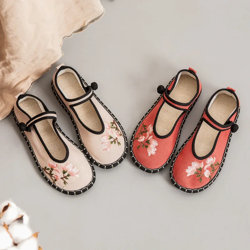 

YourSeason Ladies Shoes Embroider Buckle Strap Cotton Linen Round Toe 2022 Spring Autumn Floral Handmade Sewing Women Flats