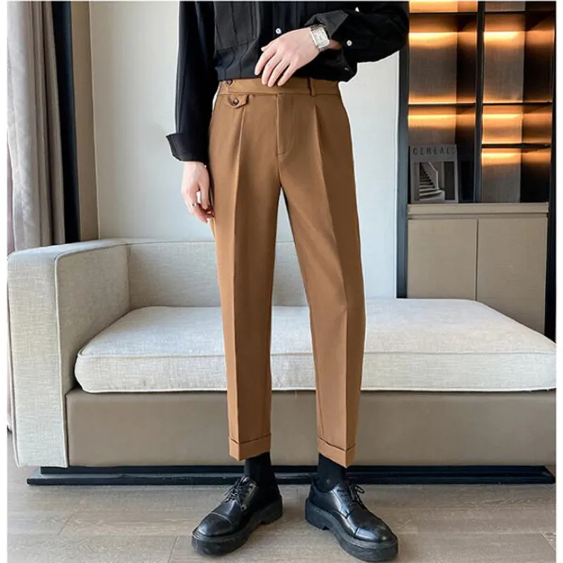 Men Spring Summer Belt Decoration Casual Ankle Length Pants 2022 Fashion Slim Fit Suit Pants Streetwear Social Business Trousers