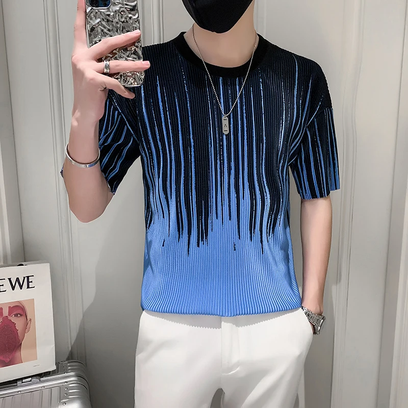 

Striped Print T-shirt for Men Personality Short Sleeve T-Shirts Harajuku Streetwear Hip Hop Tops Tees Casual Social Men Clothing