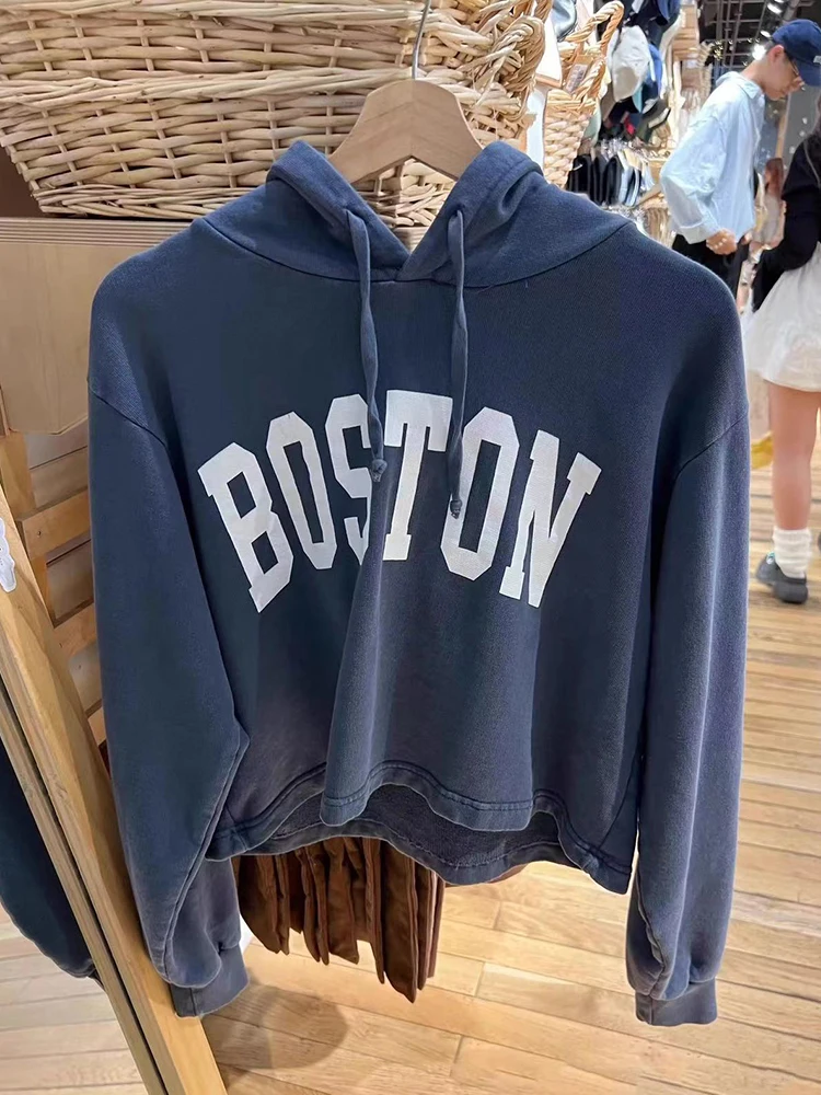 

Женская укороченная толстовка с капюшоном, свободная повседневная хлопковая толстовка с высокой талией и буквенным принтом, уличный винтажный топ на осень