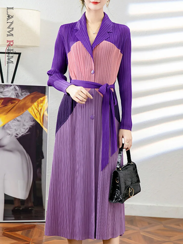 

LANMREM Purple Pleated Dress For Women Lapel Single Breasted Belt Contrast Color Dresses Female Fashion Clothing 2M338