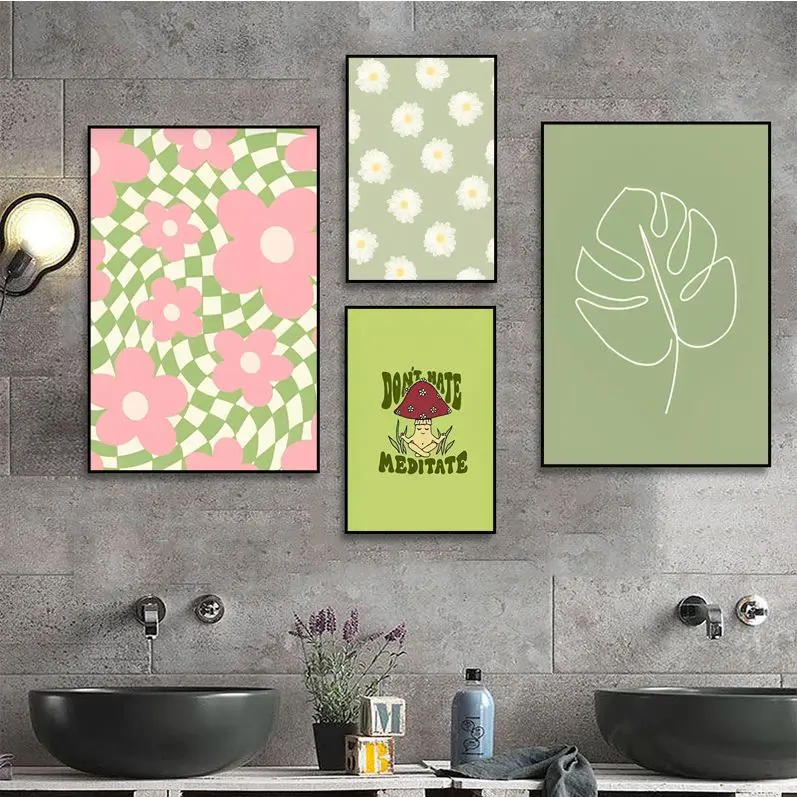 

Aesthetic Green Pink Flower Whitepaper Poster Decoracion Painting Wall Art White Kraft Paper Posters Wall Stickers