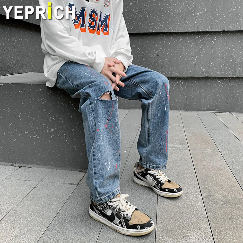 

Ripped Jeans Hole Fashion Japanese Style Hip Hop High Street Straight Pants Casual Loose Long Trouser Men Chic Clothing