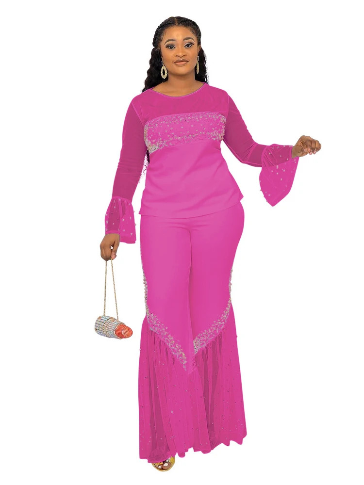 

Women Two Piece Set With Beading Tops And Flare Pant Suits Sets Summer Fashion Mesh See Through Splice Sexy Office Lady Outfits