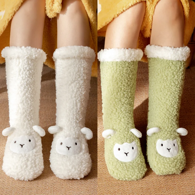 Kawaii Thermal Sock Womens Plush Grip Winter Warm Soft Female Home Indoor Silicone Non slip Thick Slipper Floor fluffy Sock