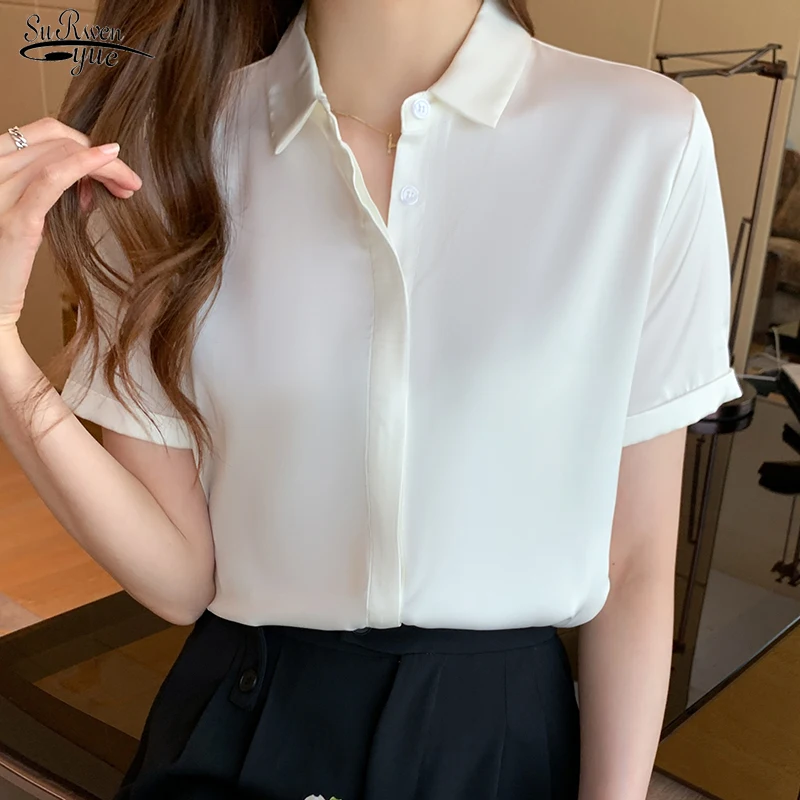 

New Simple Style Satin Women Blouse Tops Office Lady Short Sleeve Summer Shirt Women Solid Color Straight Female Clothing 20244