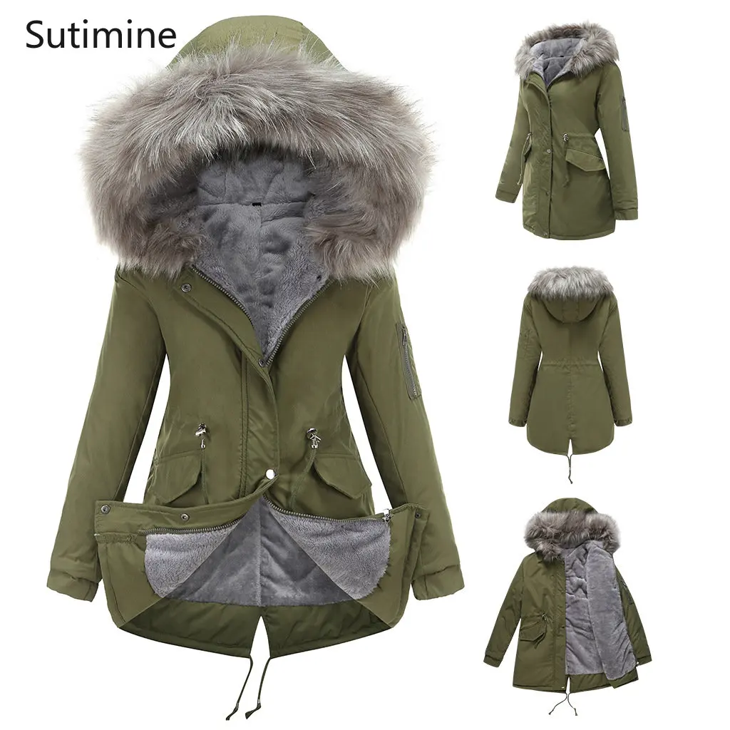 Winter Clothes Women Office Lady Flocking Hooded Winter Warm Plush Coat Cotton Jacket Button Pockets Loose Winter Clothes Women
