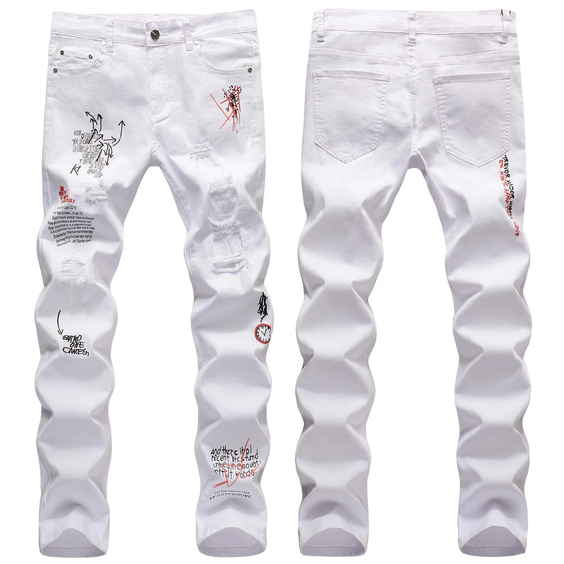 Mens Fashion Stretch Denim Pants White Jeans Male High Quality Embroidery Letters Black Jeans Destroyed Ripped Hip-hop Trousers