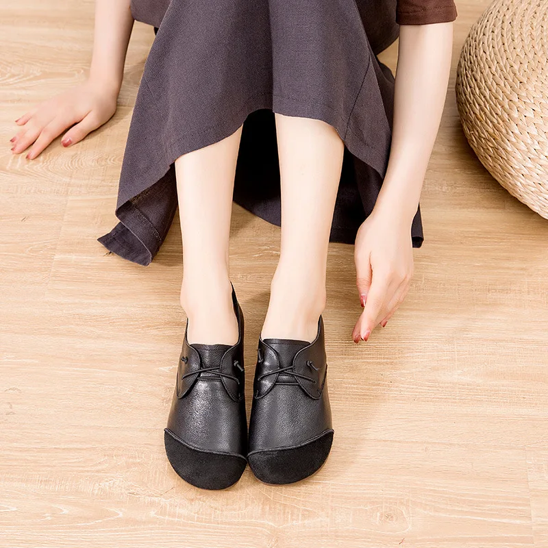

Summer Girls Black Genuine Leather Shoes Women Soft Sole Lace-up Moccasins Retro Ladies Cosplay Lolita Shoes Vintage Footwear